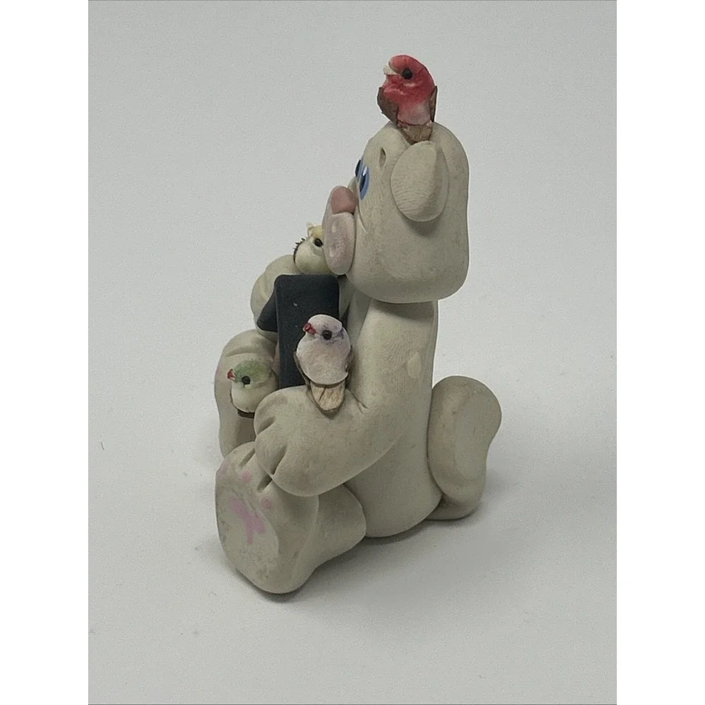 NEW Handmade Polymer Clay Figurine Cat Holding Birdhouse and 4 Birds